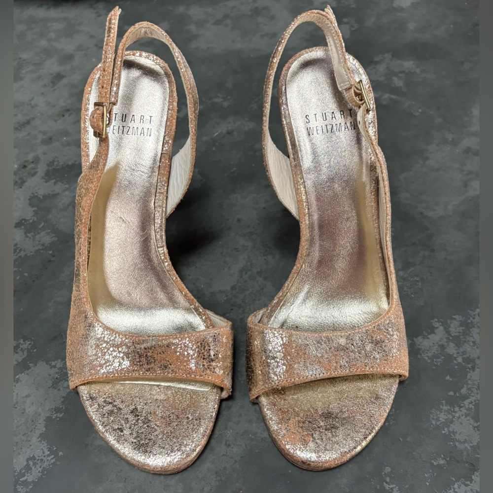 Stuart Weitzman “Reckless” Gold Suede Slingback Heels